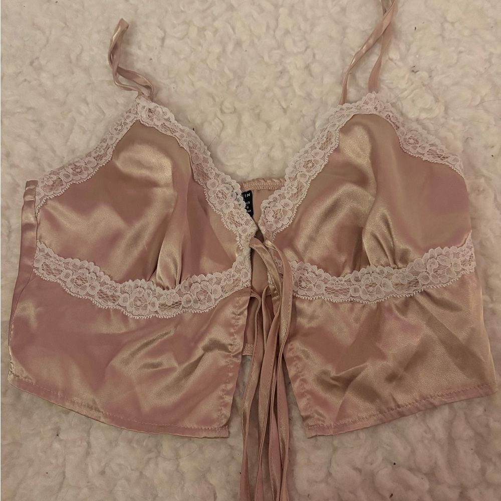 SHEIN Pink Satin Lace Crop Top